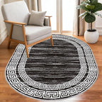 Minimalist Distressed Black Off White Greek Key Pattern Bordered Rug 12x14 for Liivng Room Bedroom Dining Room Soft Non Skid Washable Large Rugs Nursery Dorm Kitchen Rustic Classic Indoor Oval Carpet