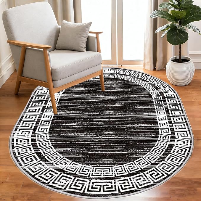 Minimalist Distressed Black Off White Greek Key Pattern Bordered Rug 7x9 for Liivng Room Bedroom Dining Room Soft Non Skid Washable Large Rugs Nursery Dorm Kitchen Rustic Classic Indoor Oval Carpet