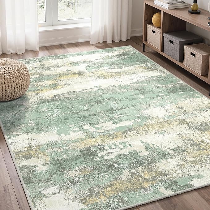 GENIMO Abstract Area Rug 5x7, Washable Modern Rug Non Slip, Low Pile Lightweight Soft Large Carpet for Living Room, Bedroom, Dining Room, Light Green