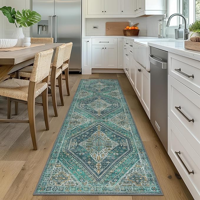 Bavni Runner Rug 2x10 Kitchen Rugs for Hallways Entryway, Washable Vintage Print Carpet, Ultra-Thin Chenille Low Pile Lightweight Rug with Non Slip Backing, Blue/Green