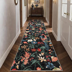 Floral Runner Rug 2x10 Washable Hallway Long Black Bedroom Carpet Non Slip Indoor Boho Kitchen Low Pile Accent Rug Lightweight Soft for Bathroom Dining Laundry Living Room