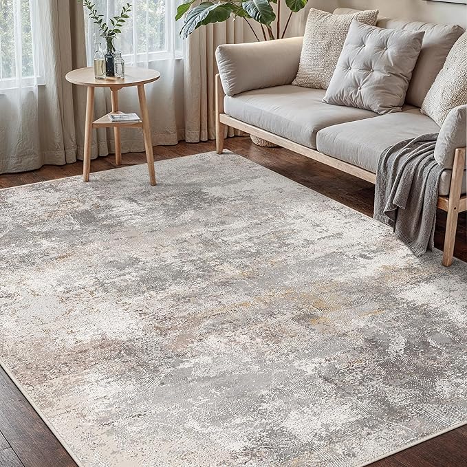 GENIMO Washable 5x7 Area Rugs for Living Room, Non Slip Modern Abstract Rug, Machine Washable Stain Resistant Low Pile Soft Carpet for Bedroom, Dining, Office, Light Grey Brown