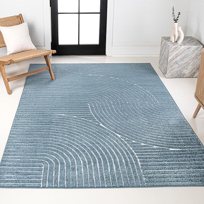 JONATHAN Y Hallie High-Low Curve Dark Blue/Cream 4x6 Indoor/Outdoor Area Rug, Minimalist Geometric, Pet Friendly, for Patio, Backyard, Living Room, Bedroom, Office, Hose-Washable (SCN100C-4)