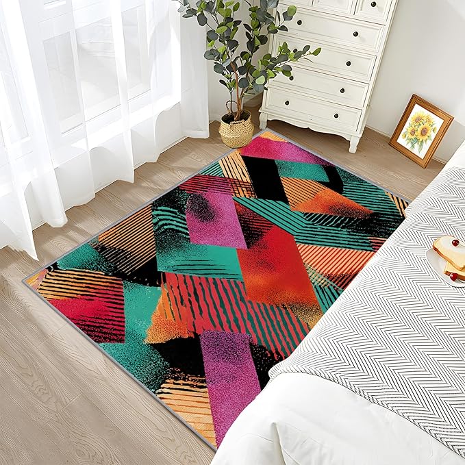 Patchwork Rugs for Bedroom - Colorful Geometric Art Area Rug 5x8, Abstract Retro Aesthetic High Traffic Anti Slip Carpets Home Decor #C034