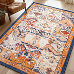 Phantoscope Washable Area Rug 4'x6' Non-Slip, Vintage Boho Rugs for Living Room, Bedroom, Dining Room, Distressed Persian Market Pattern, Low-Pile Foldable Floor Carpet, Navy/Orange