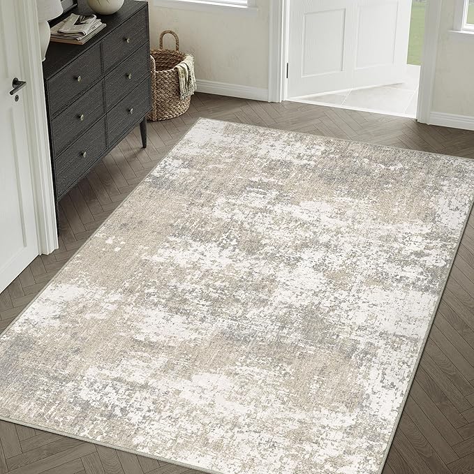 Modern Abstract Beige Gray Area Rug 4x6 Entryway Machine Washable Office Carpet Kitchen Door Mat Indoor Accent Throw Low Pile Non Slip Distressed Living Dining Laundry Room Bedroom