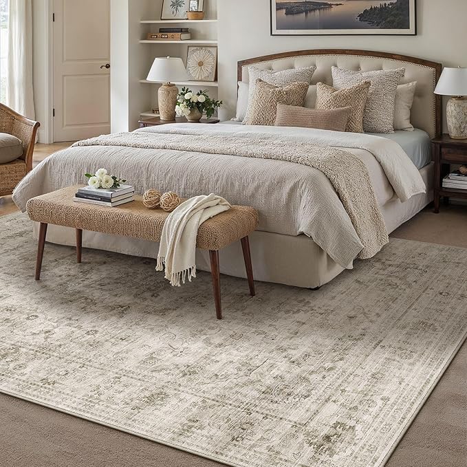 HUGEAR Washable 5x7 Area Rugs Retro Beige Living Room Bedroom Rug Vintage Distressed Non Slip Stain Resistant Low Pile Neutral Throw Carpet for Home Decor