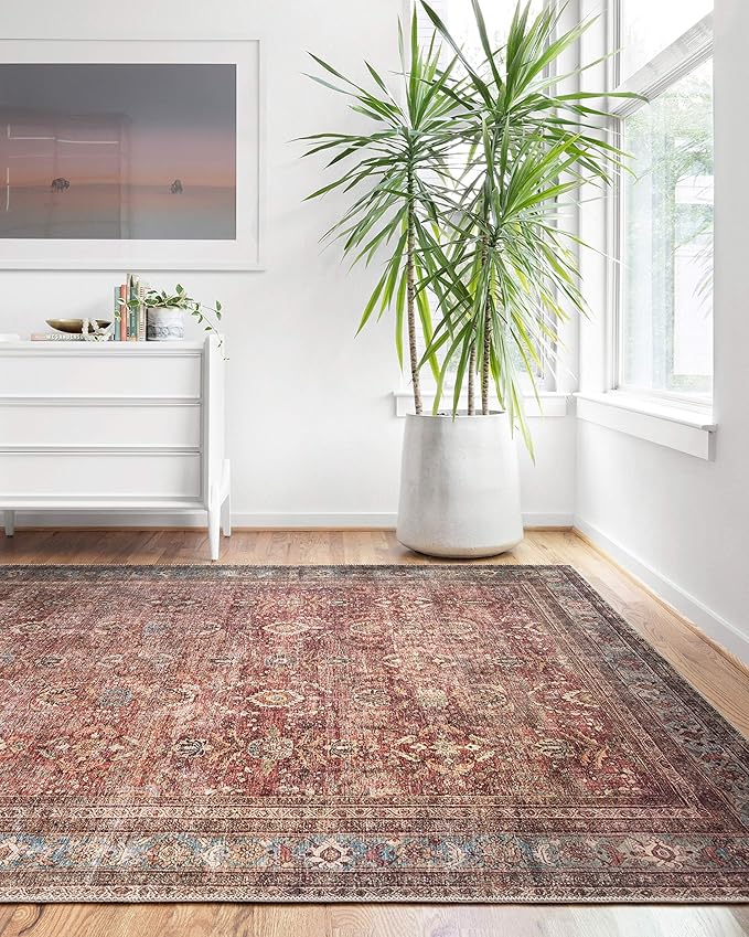 Loloi Layla Collection LAY-01 Brick/Blue 5'-0" x 7'-6" .13" Thick Area Rug, Soft, Durable, Vintage Inspired, Distressed, Low Pile, Non-Shedding, Easy Clean, Printed, Living Room Rug