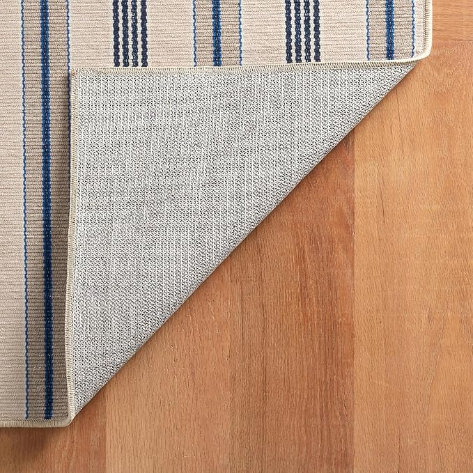 Dash & Albert Nimes Ticking Neutral Machine Washable Rug, 8.5 X 11.5 Feet, Blue Stripe Pattern