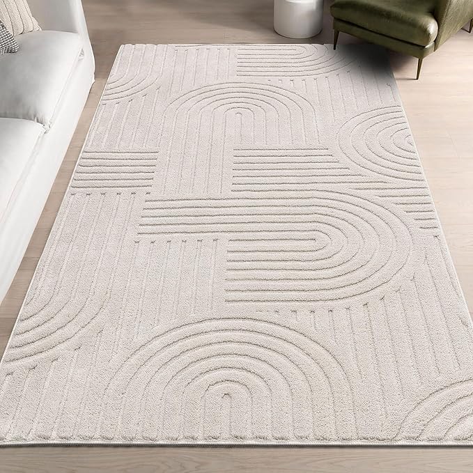 SHACOS Soft Cozy Fluffy Arch Pattern High Low Pile Area Rugs 3'x5' Non Slip Washable Scandinavian Minimalist Rug Modern Geometric Arc Carpet for Living Room Bedroom Dining Room, Beige