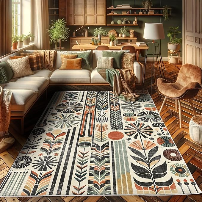 Ambesonne Bohemian Decorative Rug, Retro Mid Century Inspired Abstract Patterns on Ivory Background, Quality Carpet for Bedroom Dorm and Living Room, 2' x 5', Dark Orange and Reseda Green