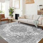 vivorug 9x12 Area Rugs, Stain Resistant Washable Rug for Living Room, Vintage-Inspired Grey Floral Rug