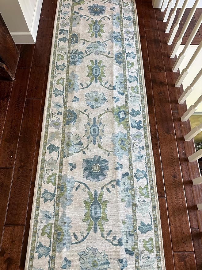 Fame Living Green Oushak Runner Rug, Modern Runners, Vintage, Turkish, Eclectic, Floral, Pastel, Washable, Long Runner Rugs for Hallway, Kitchen, Living Room, Bedroom, Kitchen, Bathroom, 2'5"x13'