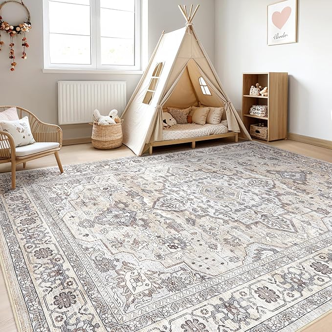 10x13 Area Rugs Living Room: Washable Boho Large Neutral Vintage Soft Rug Stain Resistant Farmhouse Non Slip Indoor Floor Carpet for Bedroom Nursery Kids Playroom Office Dining Room- Cream Grey