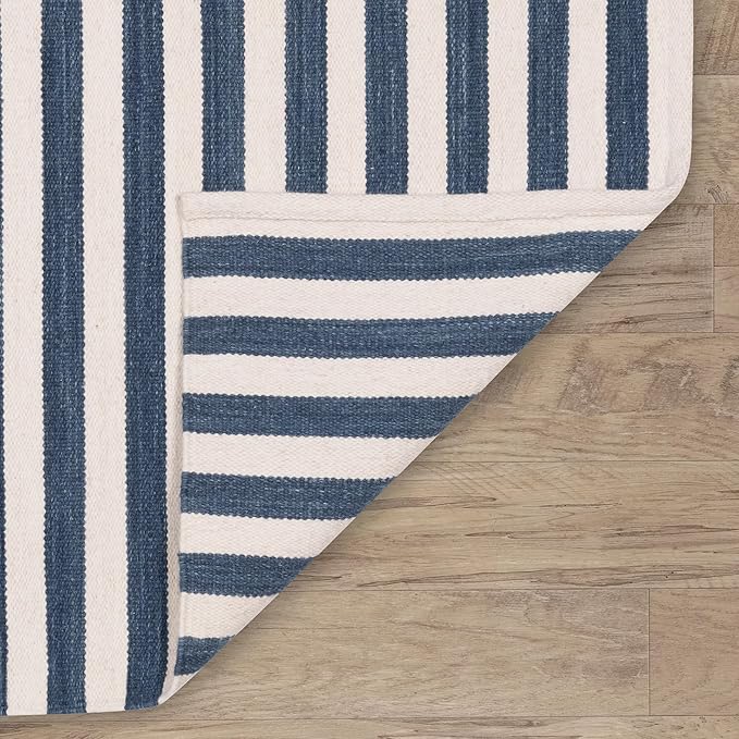Home Conservatory Ladder Stripe Navy/Ivory Handwoven Wool 8 X 10 Feet, Blue/Ivory Stripe Pattern