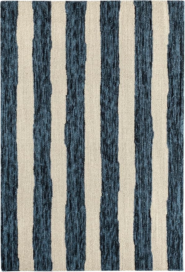 Dash & Albert Silas Stripe Navy Hand Micro Hooked Wool Rug, Runner-2.5 X 8 Feet, Blue Stripe Pattern - Premium Luxury Hotel Quality Soft Breathable Hypoallergenic Machine Washable Easy Care All