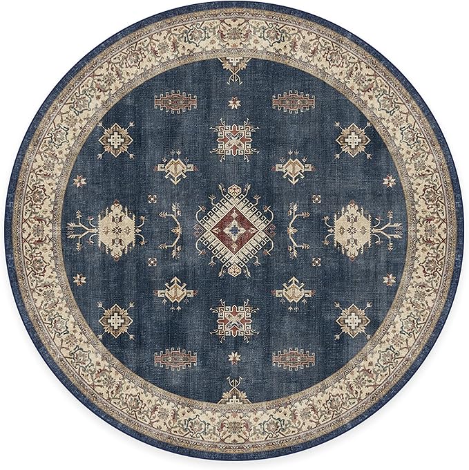 RUGGABLE Washable Vintage Area Rug – Verena Sapphire 6 ft Round, Stain-Resistant, Non-Slip – Medium Machine Washable Rugs for Living Room, Bedroom, Hallway, Entryway & Office–with Cushioned Pad
