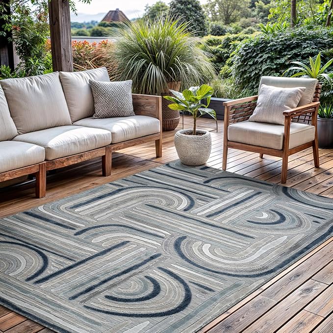 CAMILSON Indoor Outdoor Rug, Blue 6x9 Geometric Arch Striped Area Rugs for Patio and Home Areas, Easy-Cleaning Non-Shedding Living Room, Garden and Deck Washable Outside Carpet (6 x 9)