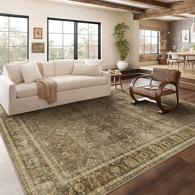 HelloTree Washable Rugs 9x12 Area Rug for Living Room, Vintage Boho Brown Rug Non Slip Carpet Retro Accent Indoor Mat Print Distressed Low Pile Throw Large Rug for Office Dining Room Bedside-Brown