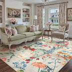 Beige Area Rug 5x7 Floral Washable Living Room Kitchen Boho Carpet Non Slip Low Pile Indoor Accent Lightweight Soft Throw Rug for Bedroom Office Dining Room Nursery Farmhouse