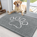 OLANLY Dog Door Mat for Muddy Paws 36x24, Paw Print Design, Absorbs Moisture and Dirt, Absorbent Non-Slip Washable Doormat, Quick Dry Chenille Mud Mat, Entry Indoor Entryway Carpet, Grey and White