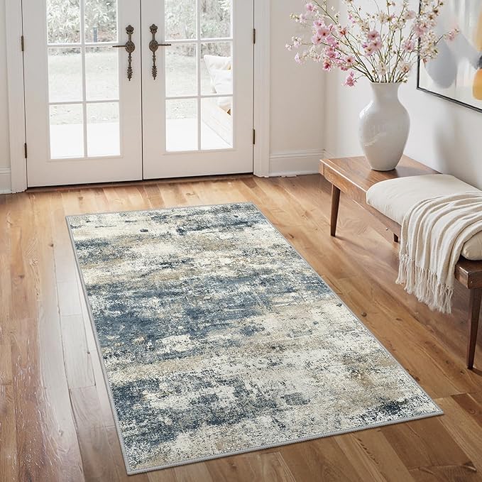 GENIMO 3x5 Rug for Entryway Washable Area Rug, Modern Abstract Small Rugs for Entrance Living Room, Bedroom Beside Rugs, Non-Slip Low Pile Lightweight Soft Carpet, Navy Blue