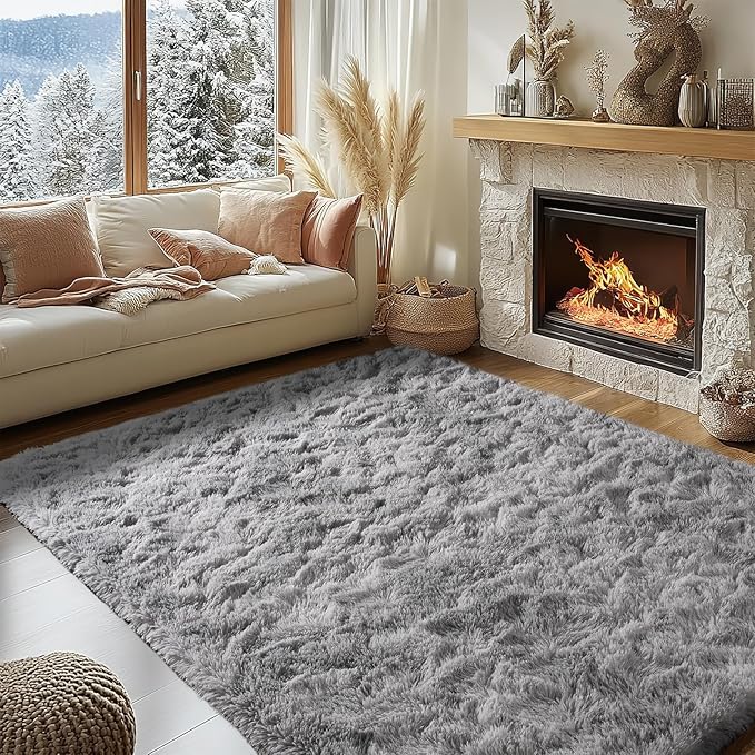 Zentavio Grey and White Area Rugs for Living Room Large Men Room Carpet 5x8 Bedroom Fluffy Furry Shag Aesthetic Plush High Pile Floor Rug for Kids Room Dorm Home Decor Tie-Dyed Grey White