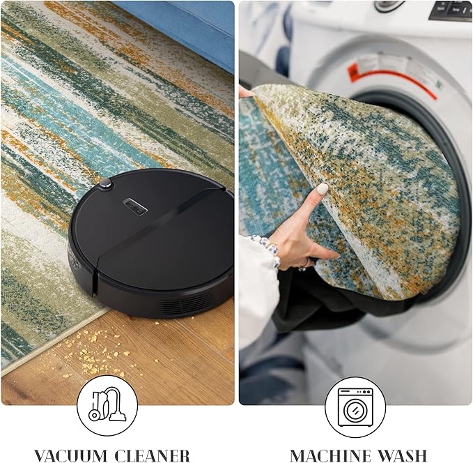 Modern Abstract Runner Rug 2x10, Green Mustard Multi Washable Long Kitchen Runner Non-Slip Soft Hallway Rug Runner Thin Print Faux Wool Carpet for Entryway Bedroom Laundry Room Indoor