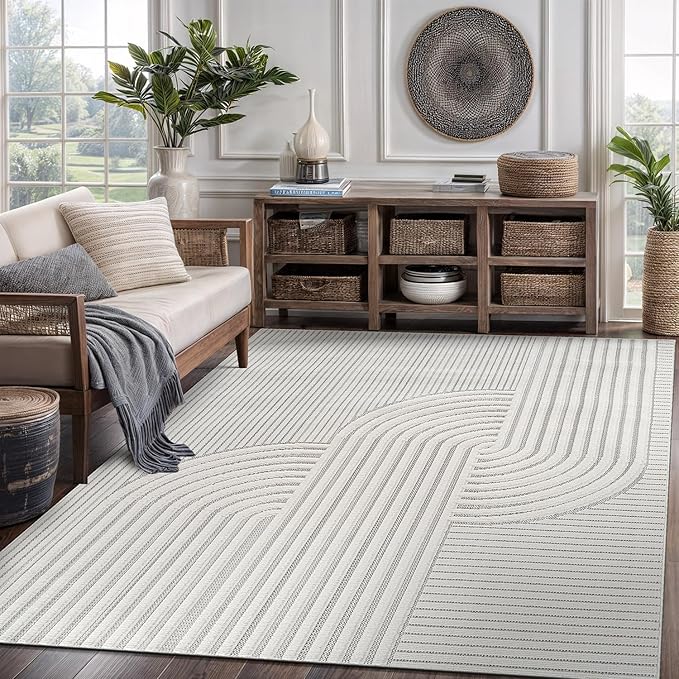 CAMILSON Modern Rug 5x7 Luxury Swirl Curved Micro Loop Area Rugs Soft High-Low Pile Stain Resistant Easy to Clean Non-Shedding Durable Living Room Office Indoor Carpet (White)