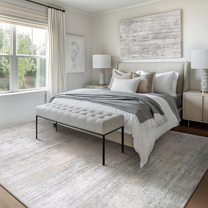 Bavni 5x7 Rug, Abstract Machine Washable Rug Non-Slip, Soft Modern Lightweight Area Rug, Stain Resistant Rugs for Living Room, Bedroom, Dining Room, White/Grey