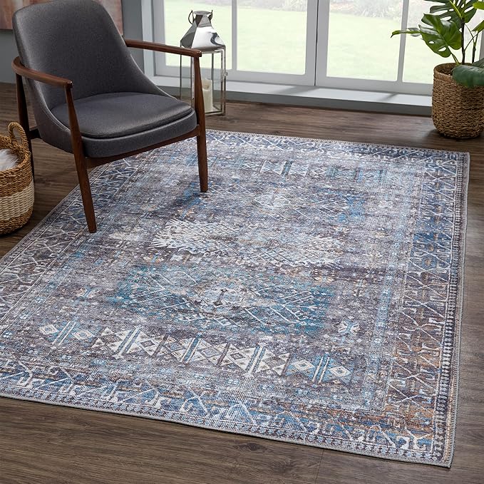 Bloom Rugs Washable 5' x 7' Rug - Slate Gray/Blue Traditional Area Rug for Living Room, Bedroom, Dining Room, and Kitchen - Exact Size: 5' x 7'