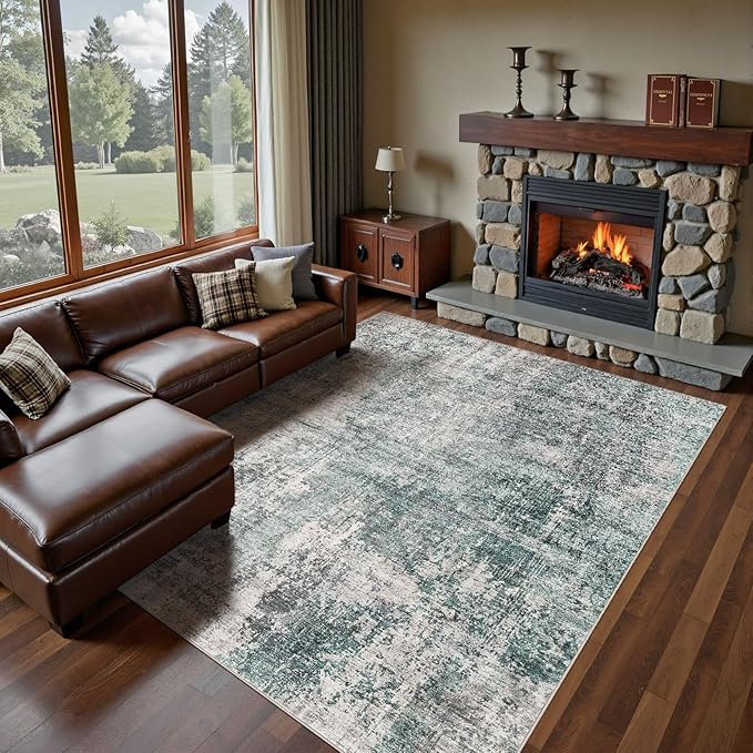 10x14 Area Rug Living Room Rugs - Washable Neutral Modern Abstract Soft Thin Large Rug Indoor Floor No Slip Rug Carpet for Bedroom Under Dining Table Home Office Decor - Green/Grey