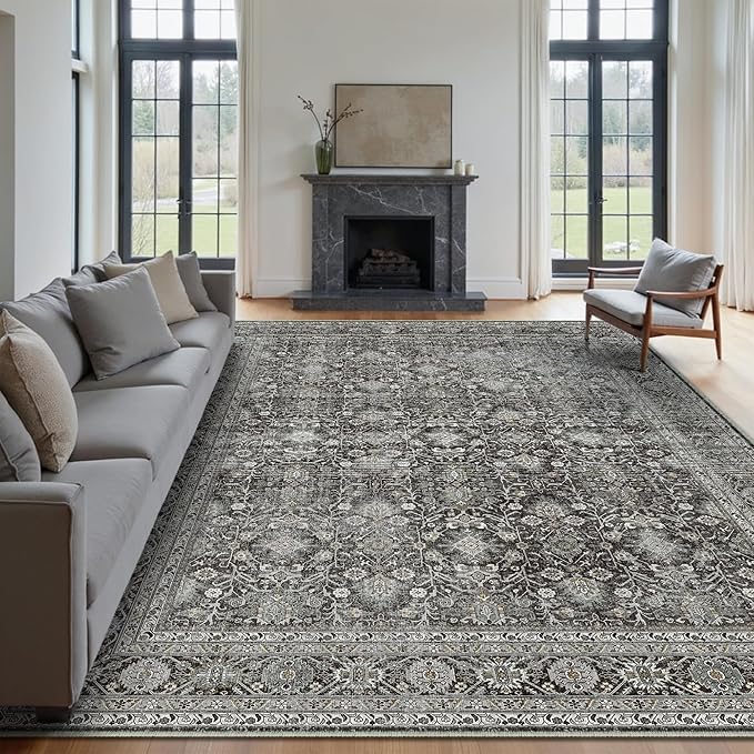 Vintage Area Rug 10x14 Black Washable Living Room Large Carpet Non Slip Bedroom Indoor Office Low Pile Traditional Distressed Retro Accent Rug for Dining Room