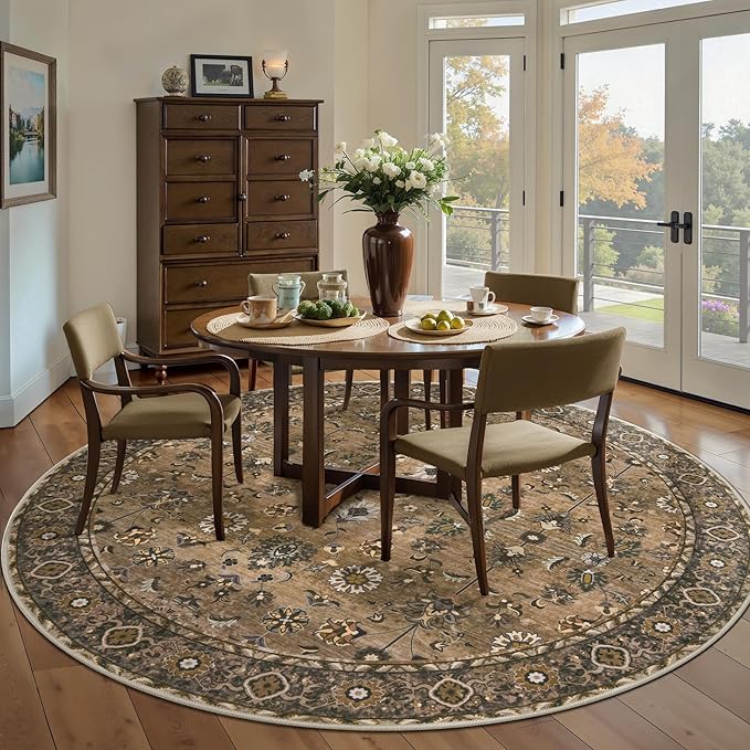 Tangsoo Vintage Round Rug 6ft,Washable Circle Rug, Non Slip Boho Round Area Rug,Low Pile Circular Rugs,Large Round Rugs Carpet for Livingroom,Bedroom,Nursery,Dorm,Office,Brown