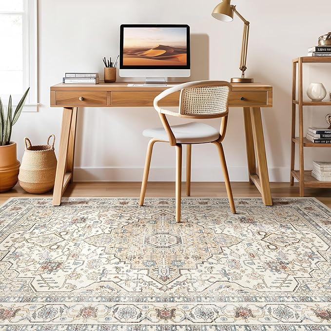 10x12 Area Rug Living Room: Washable Boho Large Neutral Vintage Soft Rugs Stain Resistant Farmhouse Non Slip Indoor Floor Carpet for Bedroom Nursery Kids Playroom Office Dining Room- Cream Blue