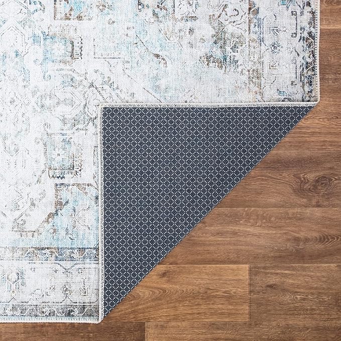 Bloom Rugs Washable Non-Slip 12 ft Runner - Beige/Blue Traditional Runner for Entryway, Hallway, Bathroom, and Kitchen - Exact Size: 2.5' x 12'