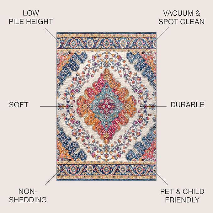 JONATHAN Y Boho Vintage Blue/Multi 4' Round Area Rug, Bohemian Flair Medallion, Floral Easy-Cleaning High Traffic for Living Room, Bedroom, Kitchen, Pet-Friendly, Non Shedding (BMF106A-4R)