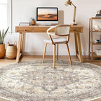 Round Rug Living Room Rugs: 10x10 Washable Boho Neutral Large Circle Soft Indoor Floral Stain Resistant Floor Farmhouse Carpet for Bedroom Nursery Kids Playroom Office Dining Room- Beige Brown