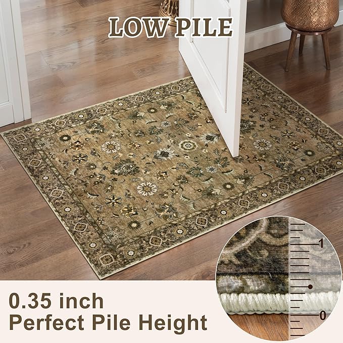 Tangsoo Brown 2.6x10 Hallway Runner Rugs, Washable Runner Rug for Hallways Non Slip, Floral Vintage Soft Low Pile 10ft Long Rug Runner, Indoor Carpet Runners for Living Room Kitchen Bedroom Entryway