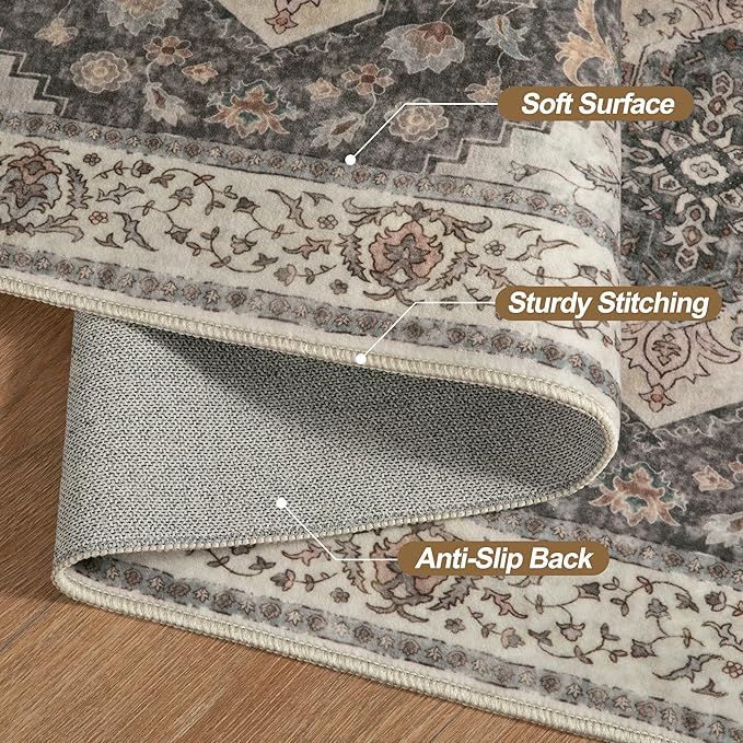 Tangsoo 3x10 Runner Rug for Hallway Long Washable Hallway Runner Rugs, Non Slip Vintage Soft Low Pile Rug Runner, Indoor Oriental Carpet Runners for Living Room Kitchen Bedroom Entryway Grey