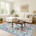Fame Living Colorful Oushak Rug, Modern, Vintage, Turkish, Eclectic, Floral, Pastel, Washable, Area Rugs for Living Room, Dining, Bedroom, Office, Entryway, Foyer, Playroom, Nursery, 5'x6'9"
