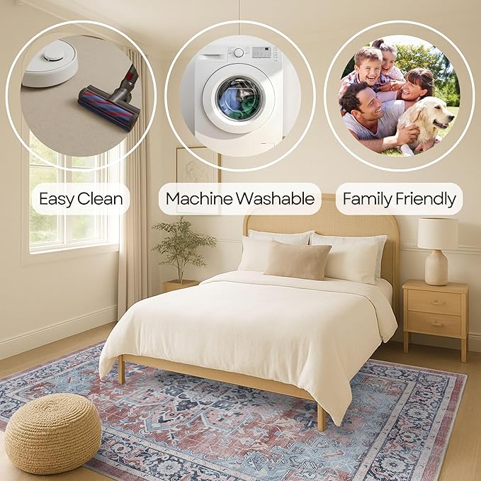 Fame Rugs Turkish Rug. Washable Vintage Oriental Antique Inspired Traditional Doormat Small Modern Area Rugs Luxury Entryway Entry Bedroom Bathroom Kitchen (401TB, 2'5 x 6'9)
