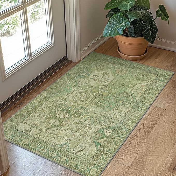 Bavni 2x3 Entryway Rug Bathroom Rugs for Front Door Bedroom Bathroom Kitchen, Washable Vintage Print Carpet, Ultra-Thin Chenille Lightweight Rug with Non Slip Backing, Light Green