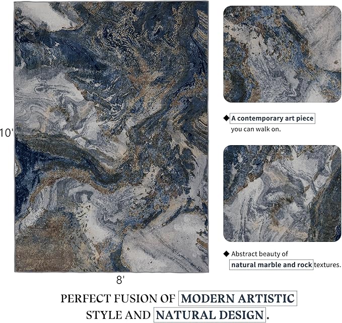 Washable Rug for Living Room: Abstract 8x10 Area Rugs for Bedroom Dining Room Low Pile Non-Slip - Stain Resistant Large Carpet Indoor - Modern Marble Blue Gold
