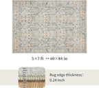 Washable Living Room Rug: 5x7 Boho Floral Soft Area Rug for Bedroom Decor - Vintage Low Pile Thin Carpet for Dining Room Non-Slip - Farmhouse Stain Resistant Rugs - Beige Blue