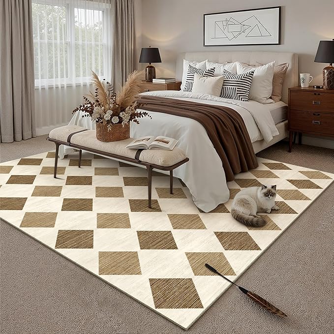 5x7 Checkered Area Rugs for Living Room Brown Machine Washable Large Rug Non-Slip Stain Resistant Low Pile Boho Accent Indoor Throw Carpet for Office Bedroom Dining Room Classroom