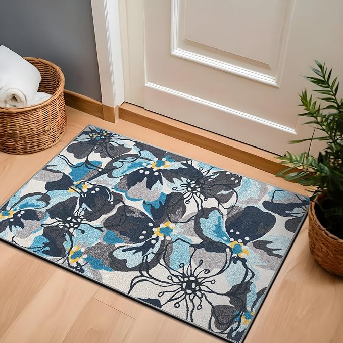 Rugshop Modern Large Floral Non-Slip (Non-Skid) Area Rug 20" X 30" Gray-Blue