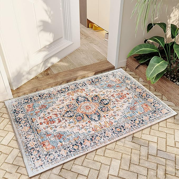 VK VK·LIVING Entryway Washable Rug 2'x3' Small Boho Bathroom Throw Area Rug Non Slip Doormat Indoor Front Door Machine Washable Carpet for Bathroom Kitchen Vintage (Blue Orange)