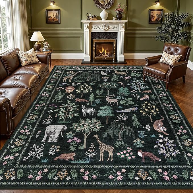 9x12 Area Rugs Living Room Rug: Vintage Washable Rug Floral Soft Carpet Indoor Floor Non-Slip Boho Stain Resistant Large Carpets for Bedroom Kids Nursery Dining Room Farmhouse Home Office Green