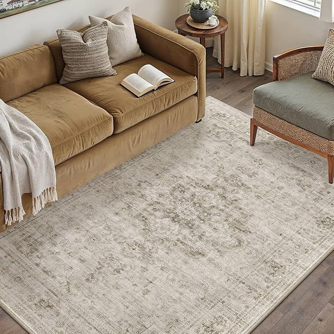 HUGEAR Washable 5x7 Area Rugs Retro Beige Living Room Bedroom Rug Vintage Distressed Non Slip Stain Resistant Low Pile Neutral Throw Carpet for Home Decor